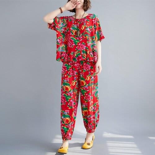 2021 New Chinese Style Clothes Set Cotton Linen Print Floral Vintage Womens Set Loose Tops Pants Two Piece Summer Casual Set