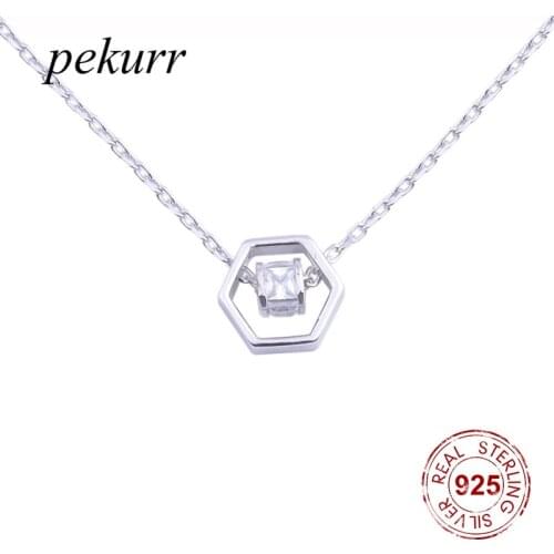 Pekurr 925 Sterling Silver Hexagon & Zircon Round Tube Necklaces For Women Geometric Collar Pendants Chains Fashion Jewelry