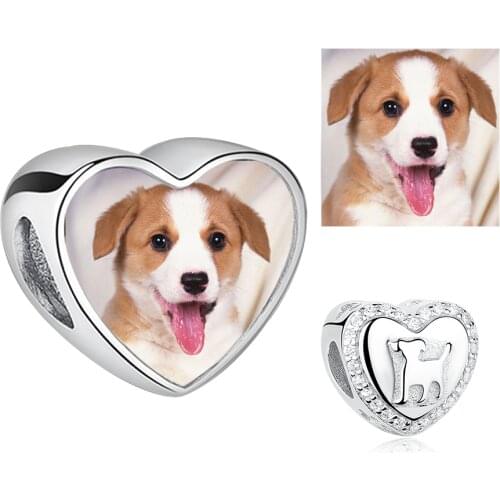 Lovely Dog Pattern Heart Charms Shiny Rhinestone Custom Photo Beads fit Charm Bracelet Necklace Women Ladies S925 Jewelry Gift