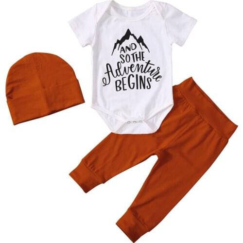 Pudcoco 3Pcs 0-24M Baby Boys Girls Summer Button Up Short Sleeve O-Neck Casual Bodysuit Tops+Pants+Hat Outfit Sets