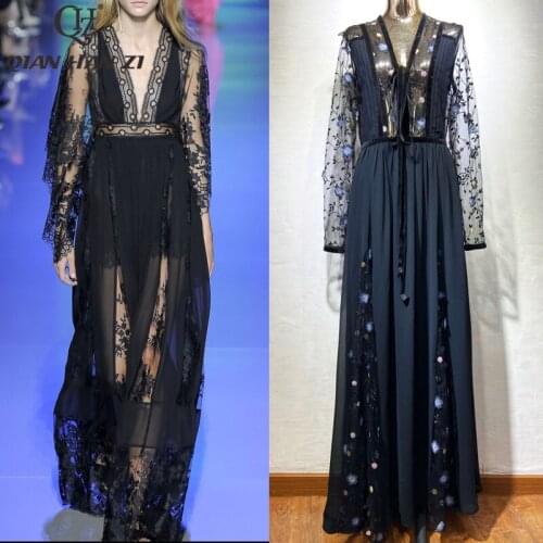 Qian Han Zi Fashion Runway maxi dress Women Long Sleeve V-neck vintage Velvet Pleated Patchwork Mesh Lace Embroidered Long Dress