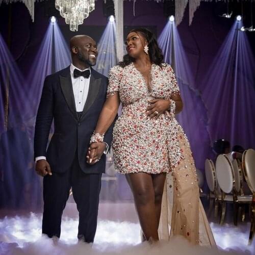 Luxury Cystal Mini Prom Dresses Overskirt See Through Long Sleeve Beading Above Knee Length Cocktail Party Gowns Plus Size