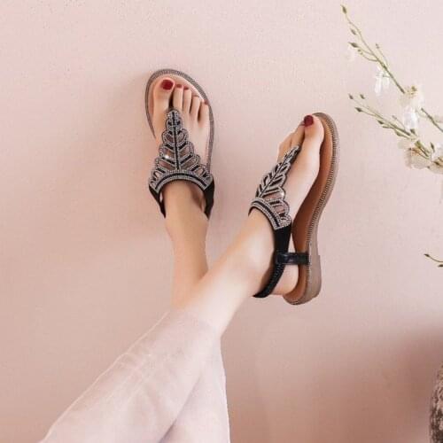 Sandals Women Summer Flat With Sandals Female New Style Leaf Rhinestone Beaded Flip Flops Women Bohemian Ladies Shoes