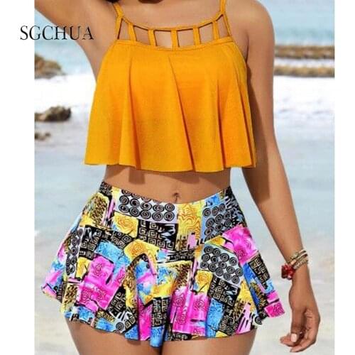 Sexy Solid Mesh Ruffled Two-Piece Swimsuit Push Up Bathing Suit High Waist Printed With Skirt Plus Size S-XL Swimwear Women 2021