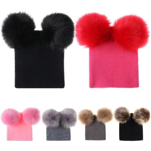 Newborn Baby Boys Girls Winter Warm Double Fur Pom Bobble Knit Beanie Hats Caps Fashion Children Kids Wool Pom Bobble Hat Cap
