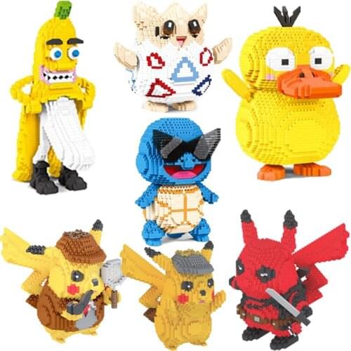 Pokemon series Pikachu sunglasses, water turtle, Psyduck skin, banana, diamond, small building blocks, childrens toy gift