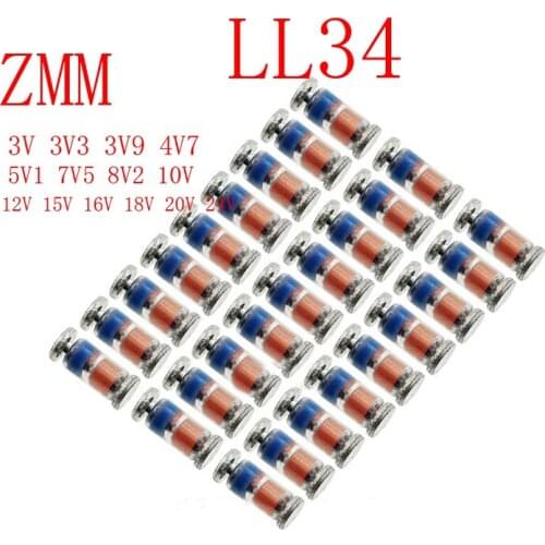 200PCS ZMM 3V 3V3 3V9 4V7 5V1 7V5 8V2 10V 12V 15V 16V 18V 20V 24V LL34 SMD Zener diode package 1/2W 0.5w Chip Zener diode