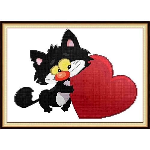 Everlasting Love Black Cat And Red Heart Chinese Cross Stitch Kits Ecological Cotton Printed CT DIY Wedding Decoration For Home