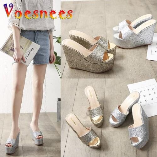 Voesnees 2021 New Summer Platform Slipper Women Golden Beach Sandals Perspiration Breathable Sequin Wedge Casual Ladies Shoes