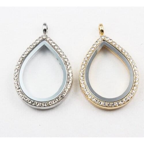 High Quality Waterdrop Pattern Alloy Floating Locket With Rhinestone Living Memory Floating Locket Pendant 10pcs
