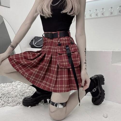 Gothic Pleated Harajuku Lady Midi Skirts Red Plaid Jk Girl Cargo Mini Skirt Summer Belt Detachable Pocket Lining Fashion Clothes