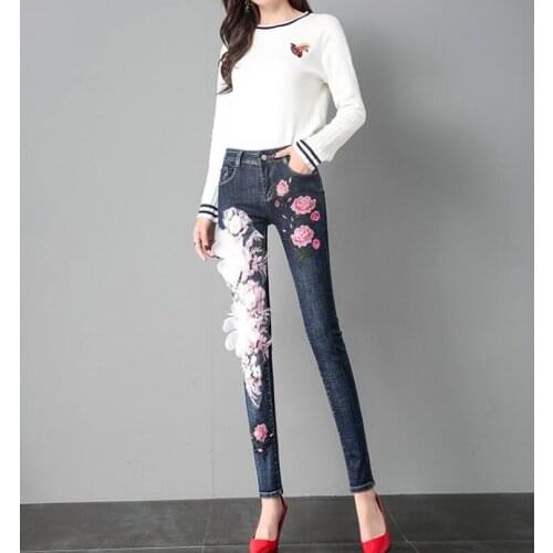 Womens Korean Fashion flower embroidery slim Jeans Female Sexy Jeans Plus Size slim denim long pants TB520