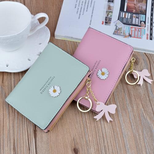 Women Short Wallets 2021 New Fashion Design Small Daisy Card Holder High Quality PU Coin Purse Simple Zipper Money Bag Wallets