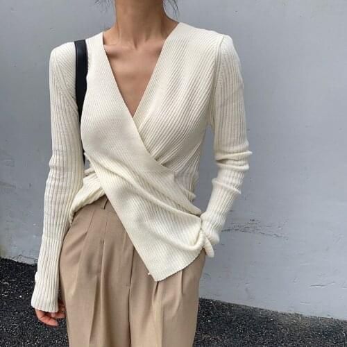 Casual Chic V-neck Criss-Cross Women Knitted Top Spring Autumn Long Sleeve Basic Essentials Knitting T-shrt