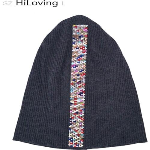 Winter Autumn Black Cotton Knit Beanie Skullies Hats for Women Ladies Warm Ribbed Rhinestones Beanie Bonnet Oversize Baggy Caps