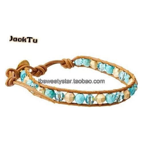 Gold laser beads green beads crystal leather wrap bracelet for men and woman