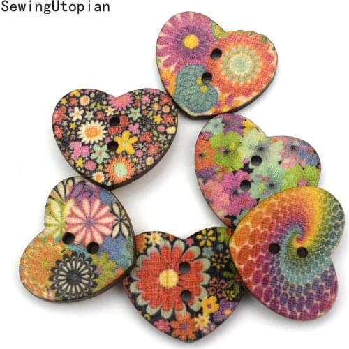 100PCS 25MM 2 Holes Random Mixed Color Wood Buttons 2 Holes Heart Shape Sewing Scrapbooking Wood Button
