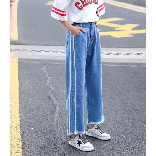 2018 autumn Loose jeans wide leg trousers for women thin stripe woollen edge nine-point trousers for women slacks pants 8020