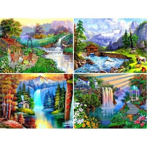 Diy 5d Full Diamond Painting Landscape Embroidery Square Round Drill Mountain Waterfall Lake Mosaic Furniture Decoration Hobby