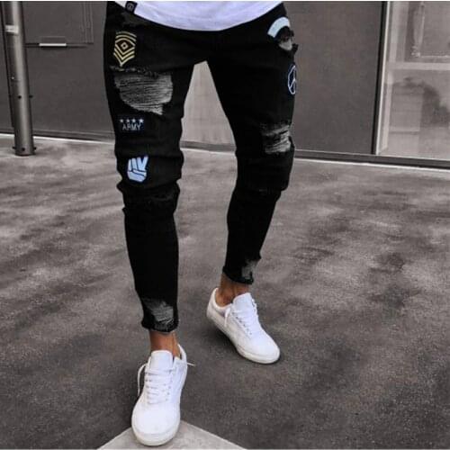 2020 Mens Jeans Classics Fashion Skinny Biker Embroidery with Holes Stretch Jeans Summer Hip Hop Slim Fit Black High Quality Pe