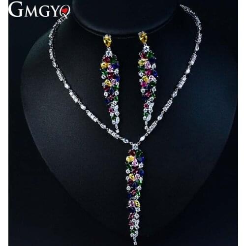 European And American Tassel Long Necklace Earrings Set Color Zircon Copper Jewelry Two Piece Evening Dress Accessories