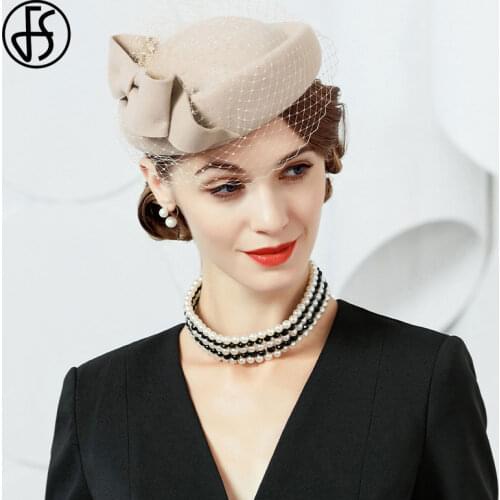 FS Fascinator Wedding Hats For Women Wool Pillbox Hat Autumn Winter Felt Hat With Veil Bow Lady Stewardess Cap Chapeau Fedoras