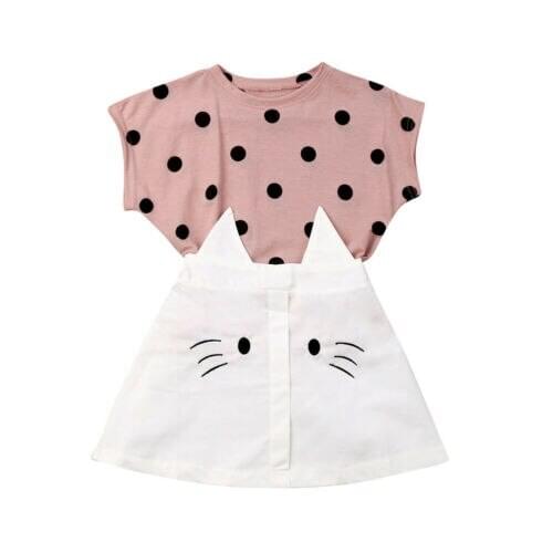 Girl Cotton Clothes Baby Kids Girls Summer Outfits Cat Print Short Sleeve Shirt Tops + Skirts Set 2pcs