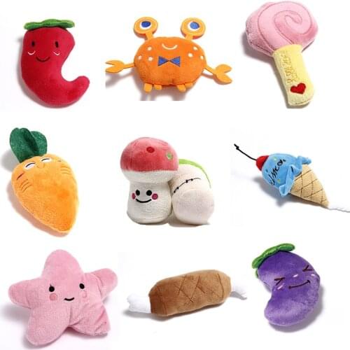 1pc Sounding Puppy Dog Chew Toy Fruit Vegetable Chicken Drum Bone Squeak Toy for Cat Pets Plush Red Pepper Eggplant Radish