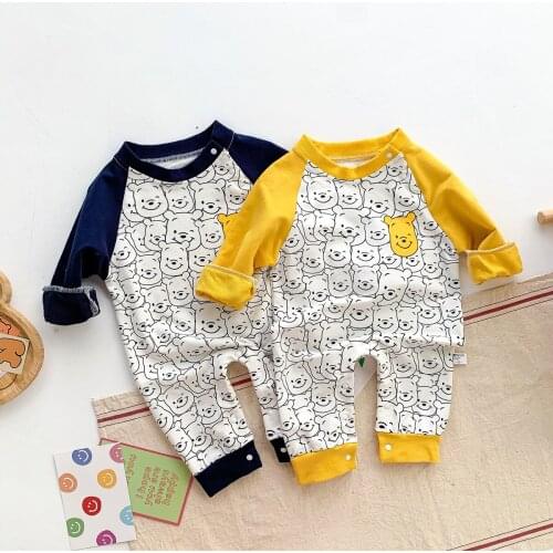 2021 Autumn Newborn Baby Boys And Girls Long Sleeve Rompers Cartoon Bear Patchwork Jumpsuit Kids One Piece Clothes For 0-2y