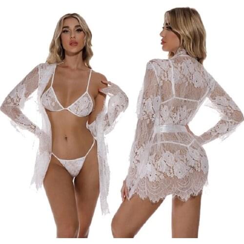 Bra and Panty Set With Robe Floral White Lace Gown Sleep Sexy Lingerie for Women Sex French Underwear See Through Bikini Thong