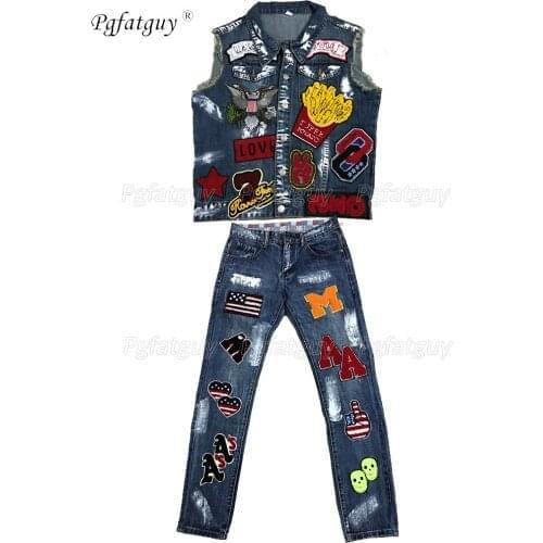 Real Photo Punk Style 2021 New Blue Washed Embroidered Skull Paint Two Piece Set For Male Fashion Denim Vest + Badge Slim Jeans