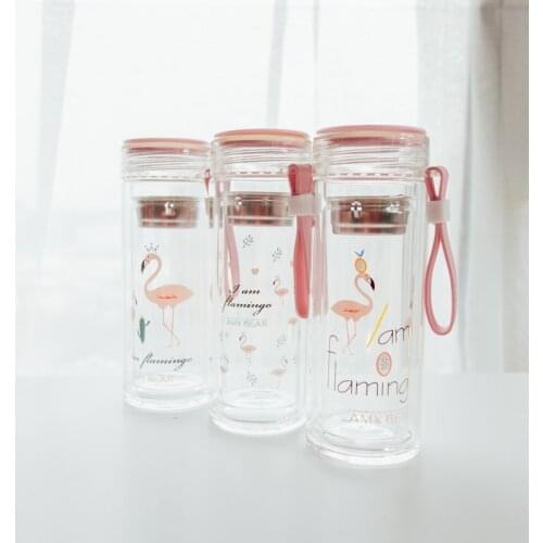Creative south Korean cartoon flamingo double glass cute girl portable water Bottles Color printing With lid Free Shipping