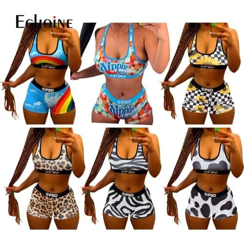 Echoine Women Print Swimsuit Sports Bikini Crop Tank Tops Shorts Fitness Two Piece Set Bathing Suit Beachwear Sexy Tracksuits