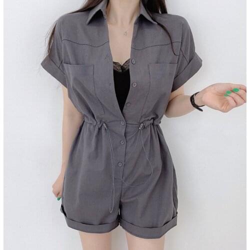 Summer New Fashion Style Retro Lapel Single-breasted Big Pocket Drawstring Waist Short-sleeved Casual Jumpsuit Shorts KK203