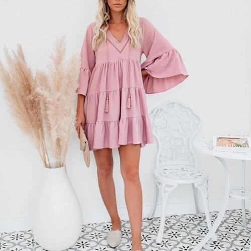 2021New Mini Dress Flare Sleeve Ruffles Hem Elegant Solid Color V Neck Tassel Dress for Office Stylish Elegant Sweet Charming