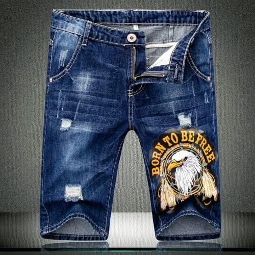 Short High Quality Men 2020 Summer Denim Shorts American Air Force Eagle Print Straight Male Frayed knee length Jeans 527