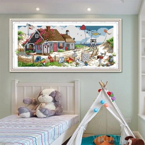 The seaside scenery counted printed on canvas DIY DMC 14CT 11CT Cross Stitch Needlework Sets Embroidery kits Home Decoration