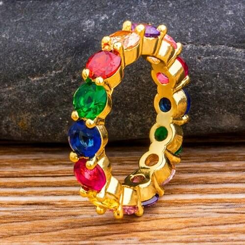 Top Quality Copper CZ Gold Color Shining Rainbow Cubic Zircon Crystal Ring For Women Girls Wedding Party Fashion Jewelry Gift