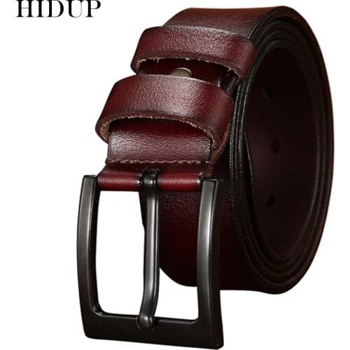 HIDUP Mens Retro Style Design Black Pin Buckles Metal Buckle Belts Genuine Leather Belt for Men 38mm Clothing Accessories NWJ659