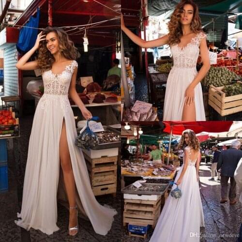 2019 New Wedding Dresses V Neck Capped Sleeves Lace Appliques Chiffon Bridal Gowns Sweep Train A Line Wedding Dress