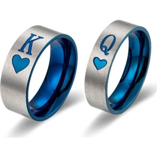 Titanium King Queen Ring Stainless Steel Q K Letter Couple Rings Poker Blue Jewelry Wedding Engagement Anniversary Lover Gift