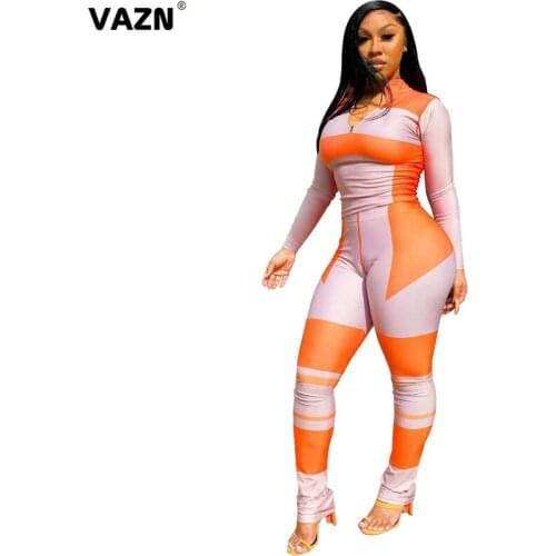 VAZN 2020 Autumn Hot Popular Patchwork Young Sexy Soft Elastic Full Sleeve Top Long Pants Skinny Tracksuits Women 2 Pieces Set