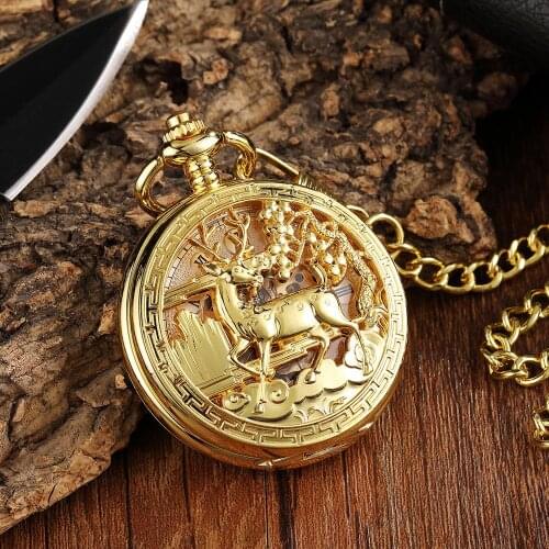 Vintage Carved Horse Pattern Mechanical Pocket Watch Hollow Bronze Fob Hand Watch Necklace With Chain For Men Women Steampunk