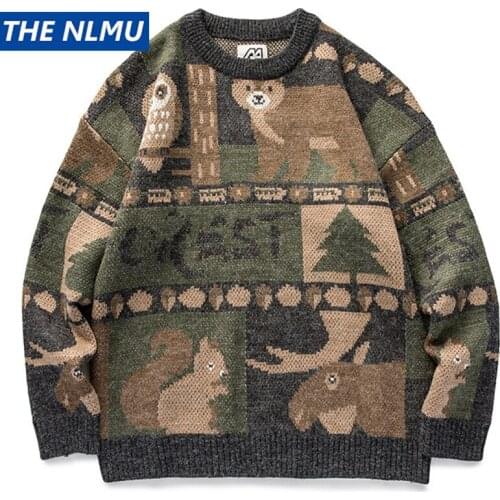 Harajuku Print Vintage Sweater Hip Hop Streetwear Knitted Jumper Christmas Sweater 2021 Loose Pullover Knitwear Tops WE318