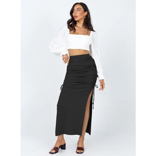 Women Long Skirt Sexy Elegant Festival Clothes Party Summer Outfits Drawstring Length Stretch Slit Fashion Slim-Fit Solid Color