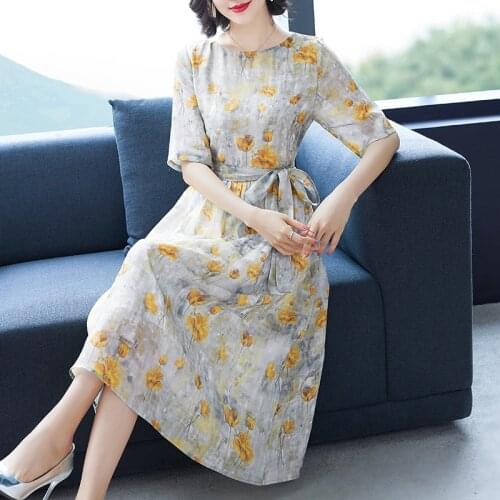 Vintage Korea Yellow Floral Cotton Linen Midi Sundress 2021 Summer 3XL Plus Size Elegant Women Beach Dress Bodycon Party Vestido