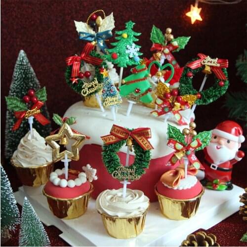 10PCS Christmas Cake Topper Mini Wreath Xmas Tree Cupcake Toppers for Birthday Party Xmas Dessert Cake Decoration Supplies