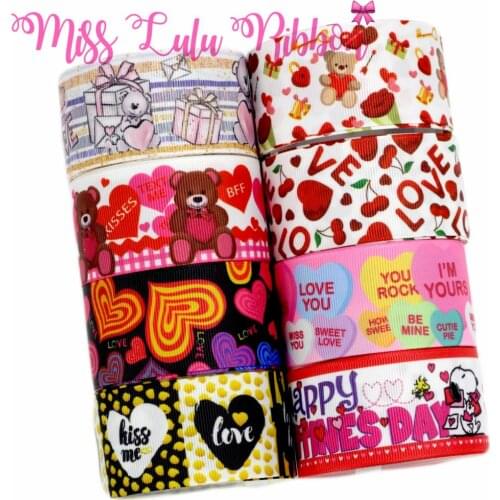 16mm-75mm Happy Valentines Day Series Love Heart Cute Bear Printed Grosgrain/Foe Ribbon DIY Hair Band Wedding Gift 50yards/roll