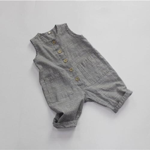 2021 New Summer Korean Style Children Cotton Linen Jumpsuits Sleeveless Striped Unisex Kids Overalls Casual Pants