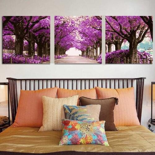 3 Pcs/Set DIY Oil Painting purple tree by Numbers Triptych Pictures Coloring Landscape Abstract Paint Wall Sticker Home Decor